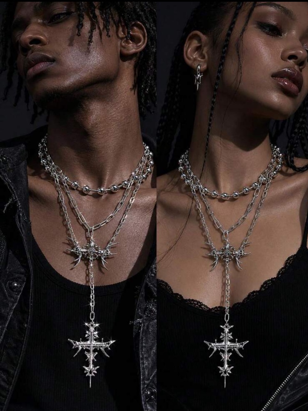 Silver Multi-Layer Punk Cross & Thorn Necklace - Women's/ Men’s Jewelry